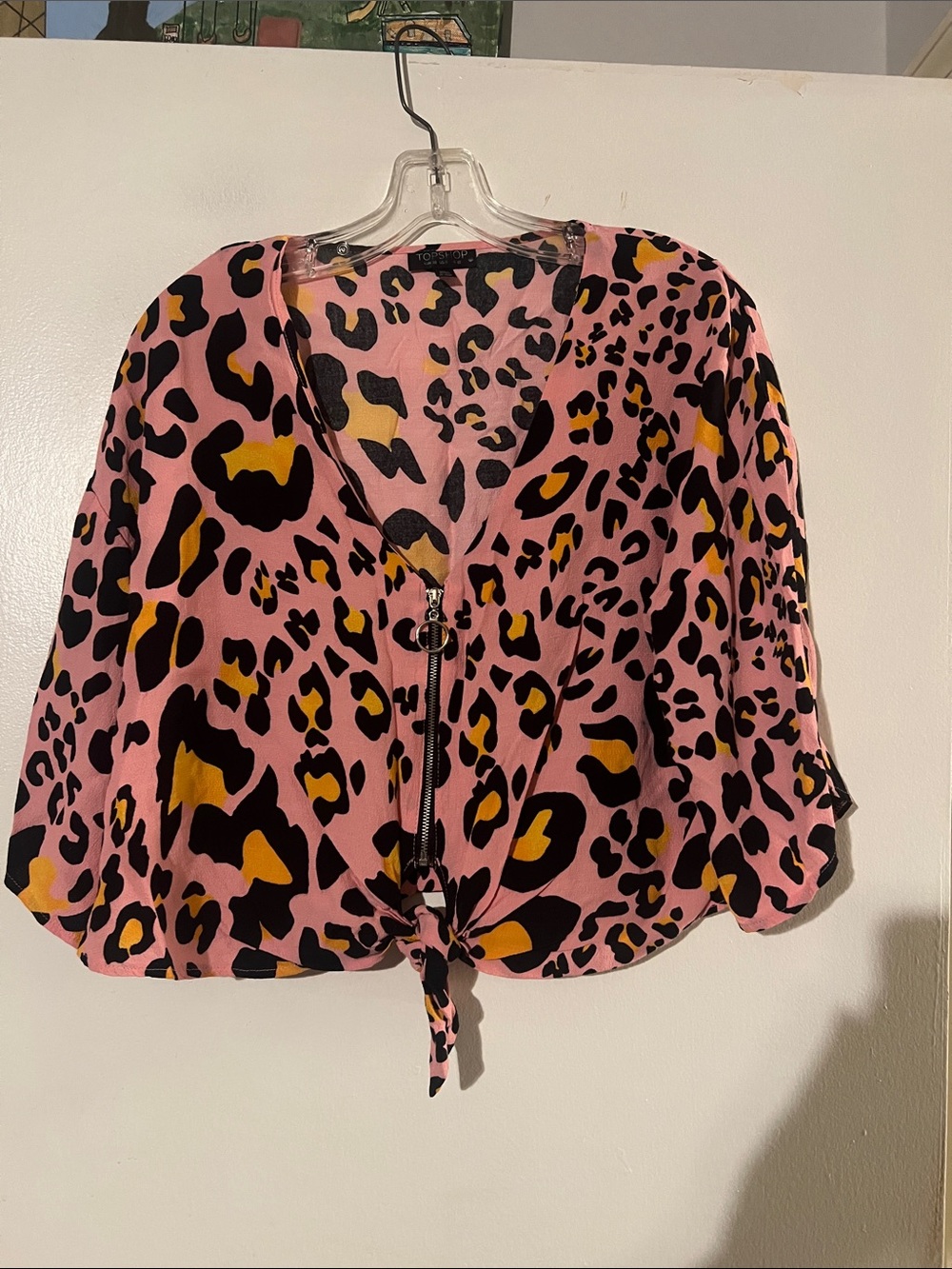 Topshop pink/black zip front 3:4 sleeve top